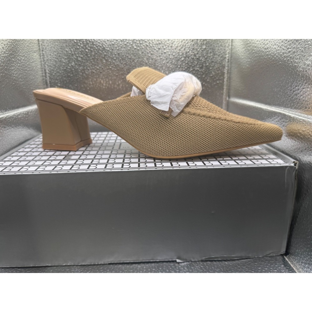 Newbella Tan Knit Pointed Toe Mules Gold Buckle Block Heel Womens Size 10